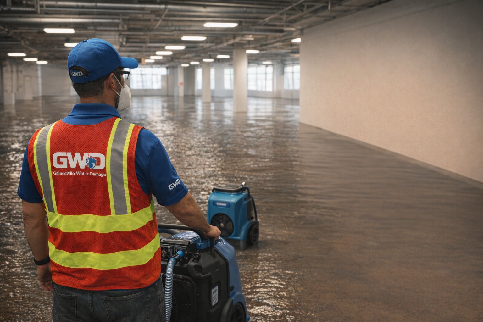 Gainesville Water Damage technician extracting water from a commercial building