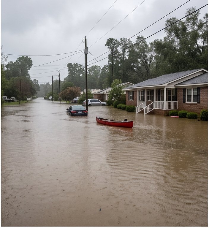 Flooded street and homes near Flowery Branch Georgia