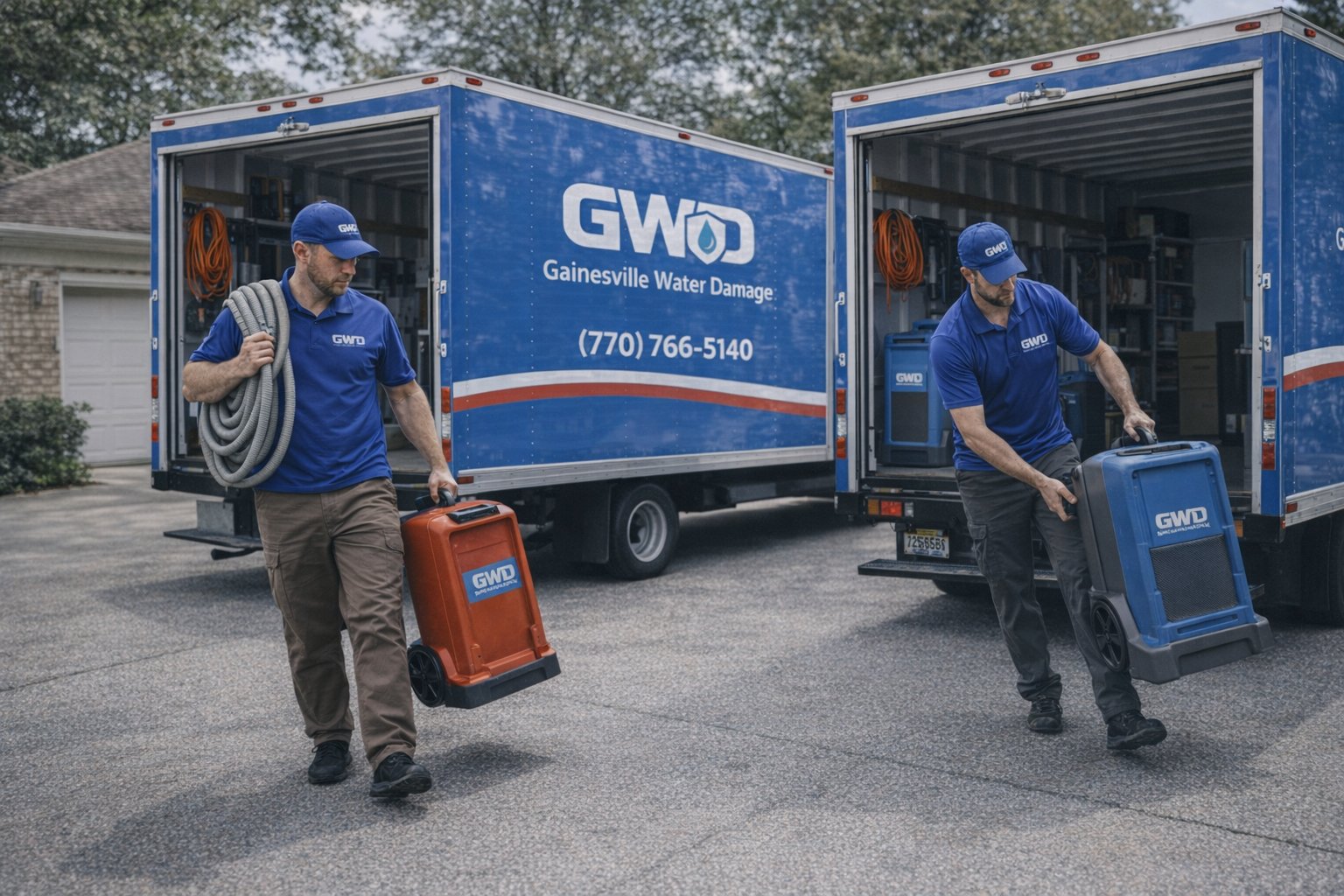 Gainesville Water Damage technicians unloading drying equipment