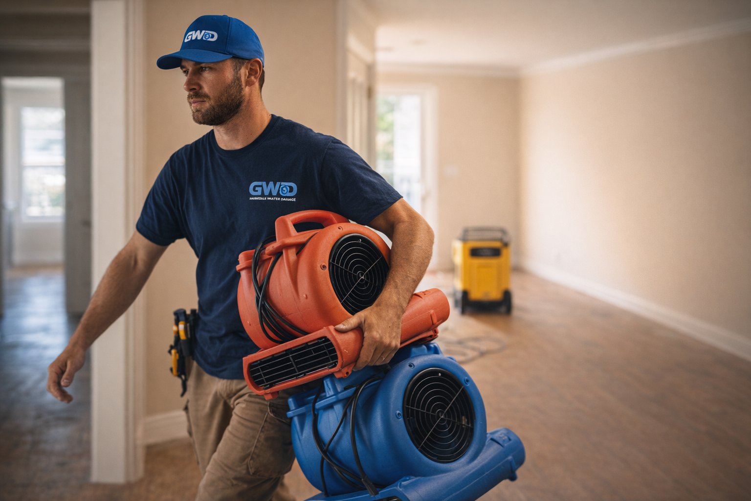 Gainesville Water Damage technician drying a residential property